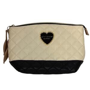 Betsey Johnson Large Quilted Makeup Bag Cream Black Cosmetic Pouch Heart Logo
